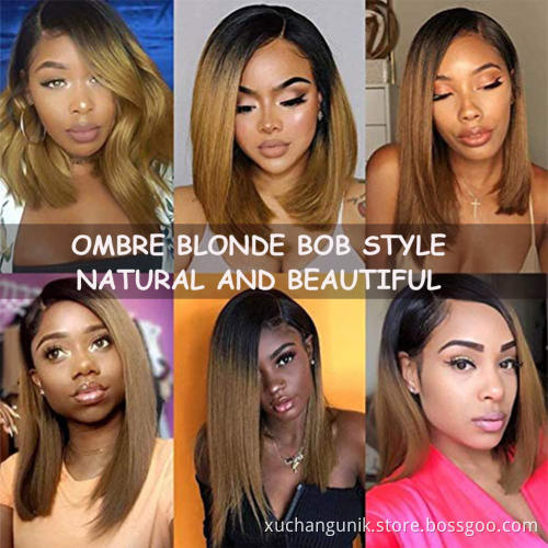 Uniky Brazilian Remy Hair Straight Short Human Hair Bob Wigs Ombre TT1B 30 Color Blunt Cut Bob Lace Front Wig With Closure